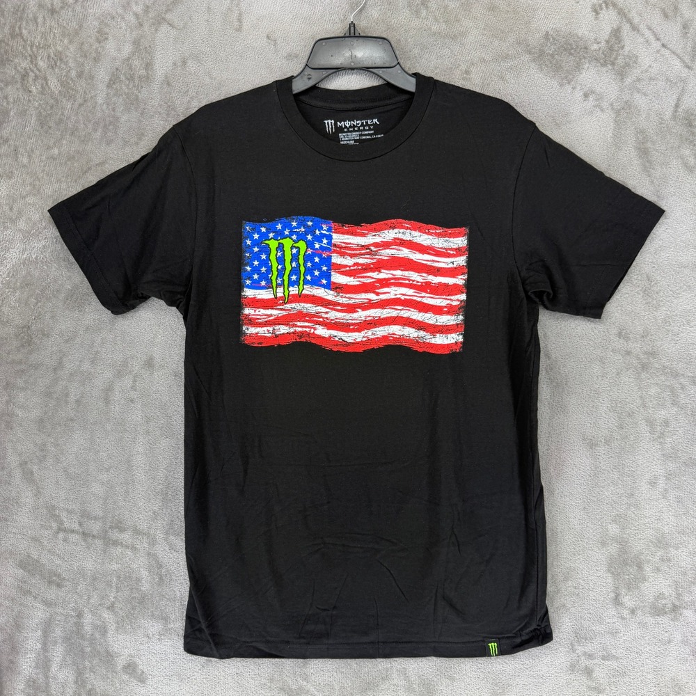 Monster Energy T Shirt Mens Medium Black American Flag Logo Graphic Cotton 24726